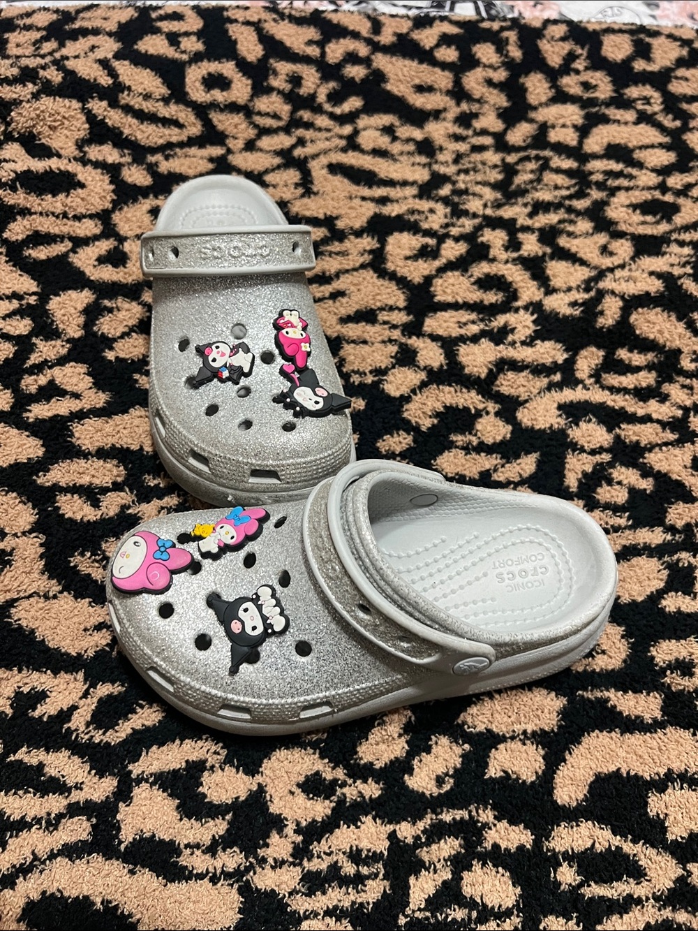 CROCS Kids Silver Glitter Clogs with Character Jibbitz